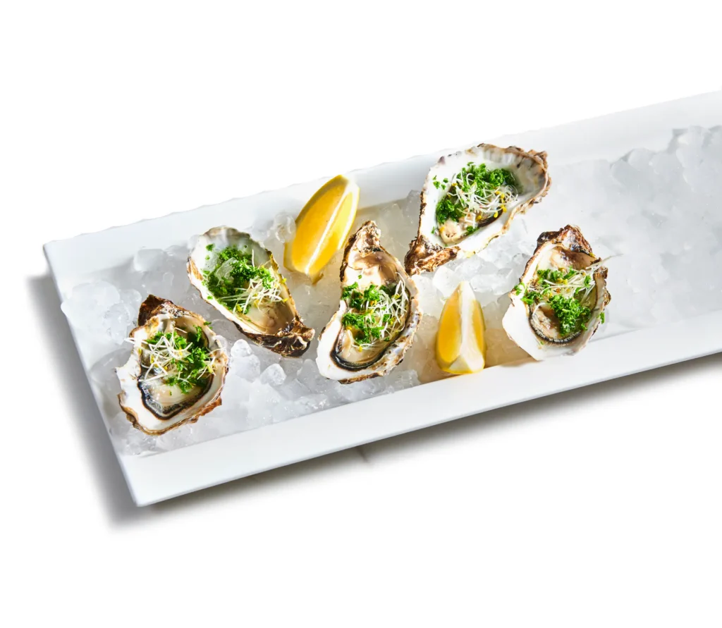 Oesters met citroen en kruiden op ijs op een lang wit bord, op wit marmer