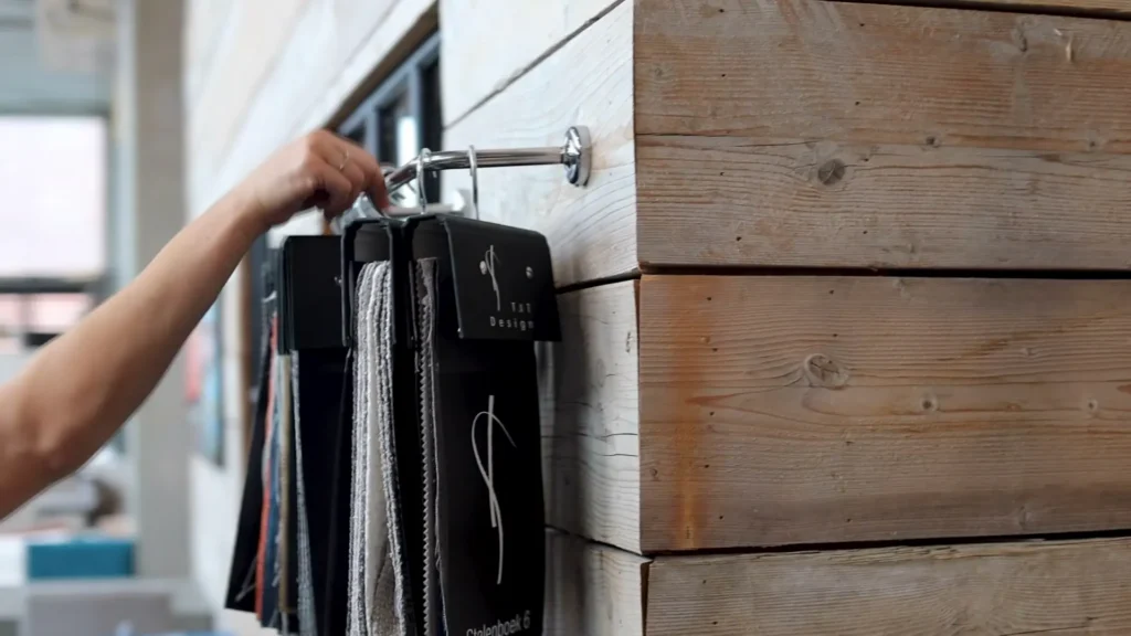Hand die stofstalen van T&T Design van een rek neemt tegen een houten wand in de showroom