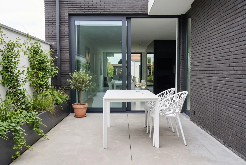 Klein stadsterras met een compacte witte tuintafel, twee witte opengewerkte stapelstoelen, een olijfboompje en een plantenbak